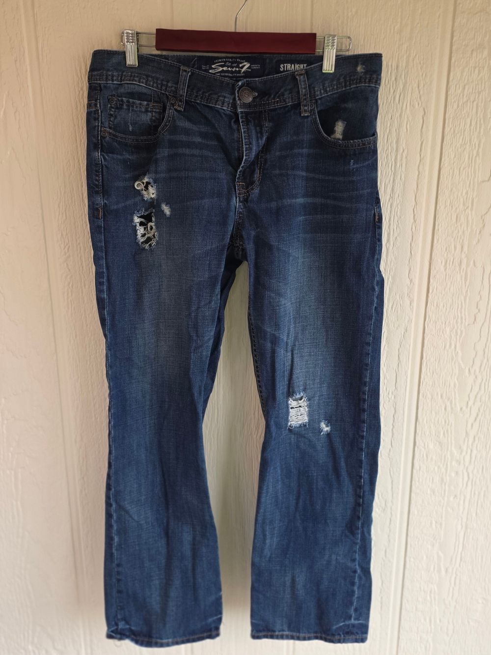 Seven7 Men's Straight Distressed Dark Blue Jeans, Size 32